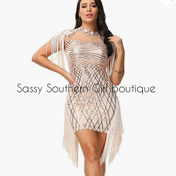 🆕⭐ Champagne Rose Gold sequin fringe mini dress - Picture 9 of 12